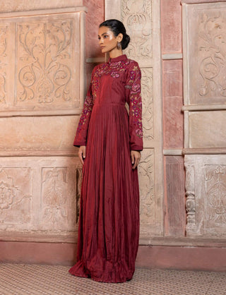 Maroon silk pleated maxi tunic