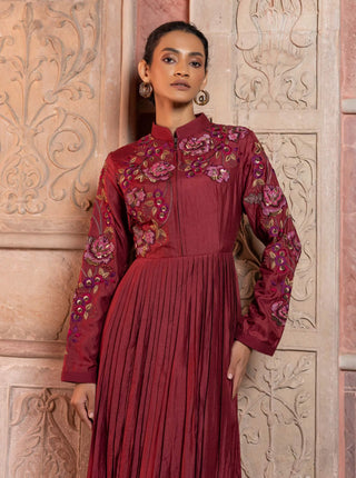 Maroon silk pleated maxi tunic