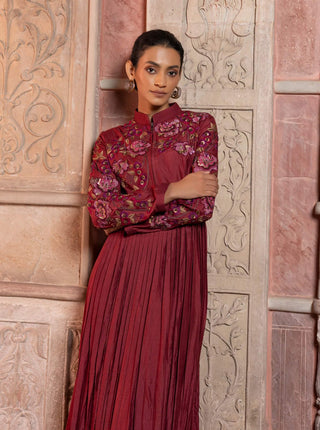 Maroon silk pleated maxi tunic