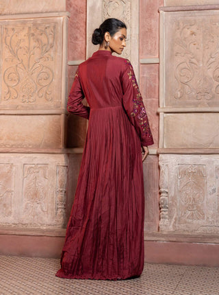 Maroon silk pleated maxi tunic