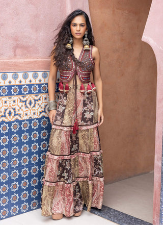 Multicolor mirror waistcoat and sharara set