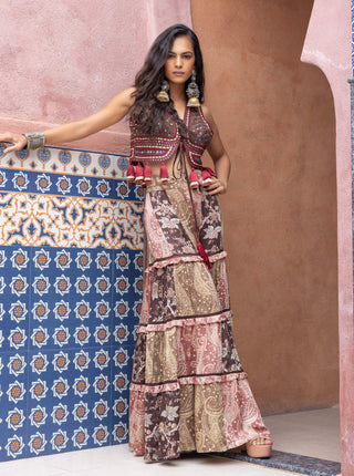 Multicolor mirror waistcoat and sharara set