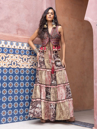 Multicolor mirror waistcoat and sharara set