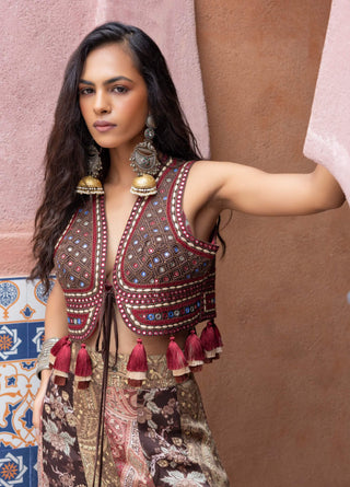 Multicolor mirror waistcoat and sharara set