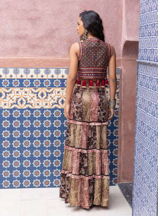 Multicolor mirror waistcoat and sharara set