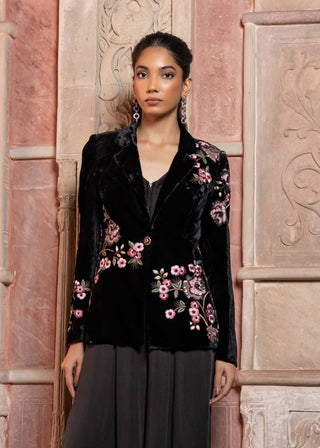Black velvet appliqué embroidered blazer