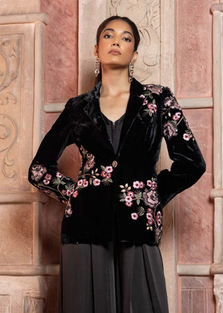 Black velvet appliqué embroidered blazer