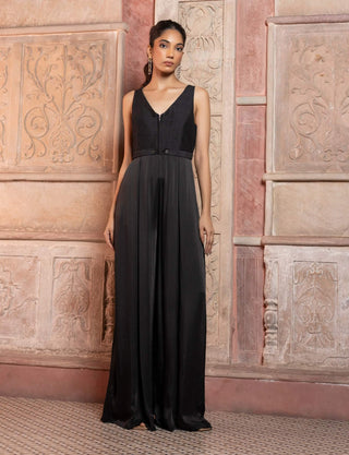 Black satin embroidered jumpsuit