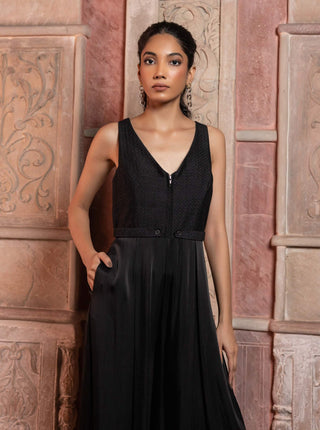 Black satin embroidered jumpsuit