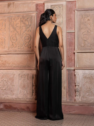 Black satin embroidered jumpsuit