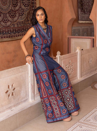 Denim mirror embroidered waistcoat and trousers