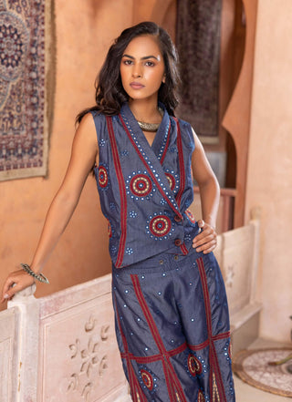 Denim mirror embroidered waistcoat and trousers