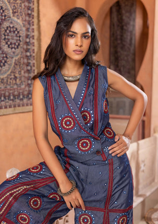 Denim mirror embroidered waistcoat and trousers