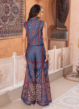 Denim mirror embroidered waistcoat and trousers