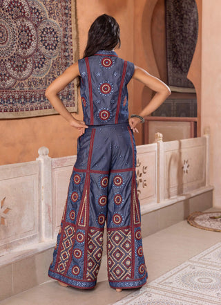 Denim mirror embroidered waistcoat and trousers