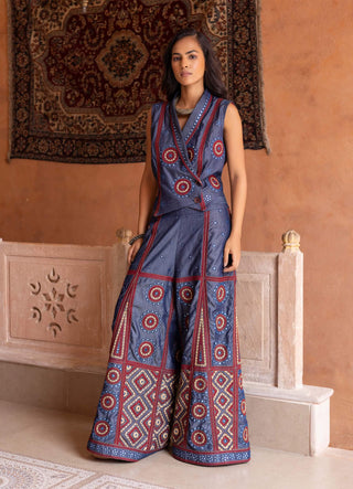 Denim mirror embroidered waistcoat and trousers
