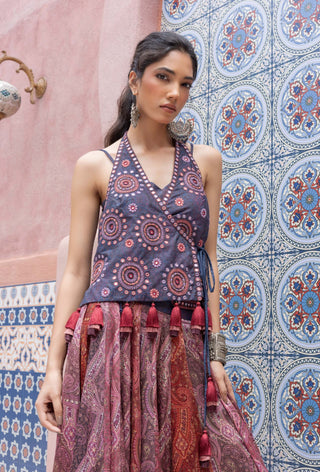 Denim mirror embroidered wrap top and pants