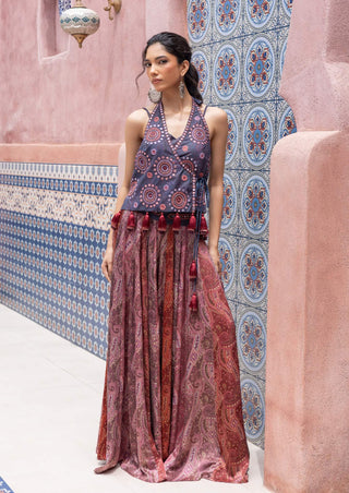 Denim mirror embroidered wrap top and pants