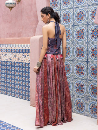 Denim mirror embroidered wrap top and pants