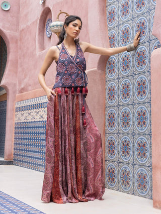 Denim mirror embroidered wrap top and pants