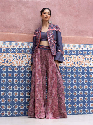 Denim mirror embroidered jacket and pant set