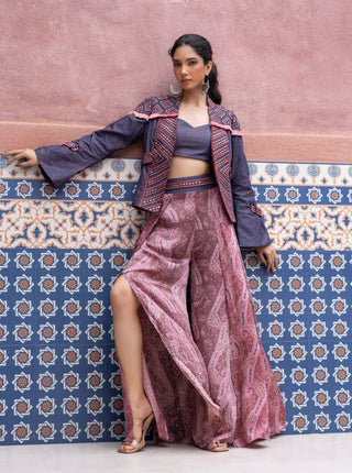 Denim mirror embroidered jacket and pant set