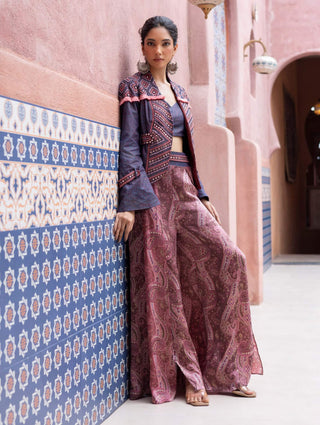 Denim mirror embroidered jacket and pant set