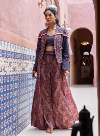 Denim mirror embroidered jacket and pant set