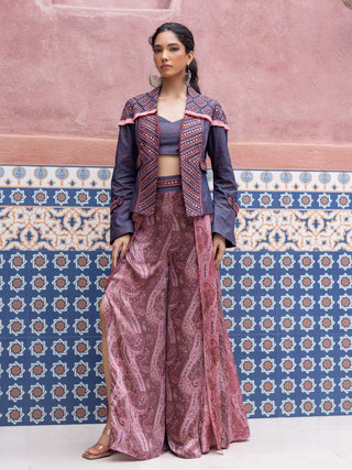 Denim mirror embroidered jacket and pant set