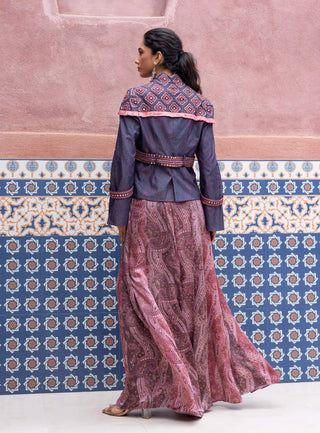 Denim mirror embroidered jacket and pant set