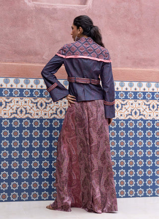 Denim mirror embroidered jacket and pant set
