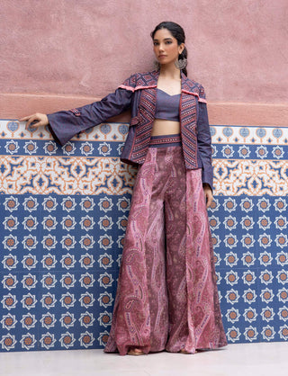 Denim mirror embroidered jacket and pant set