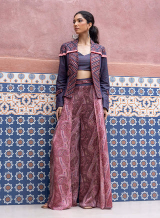 Denim mirror embroidered jacket and pant set
