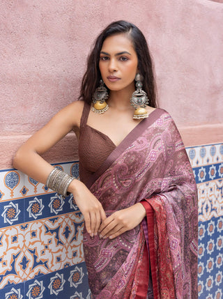 Pink ombre satin paisley sari and blouse