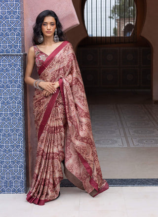 Maroon satin paisley sari and blouse