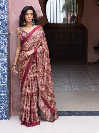 Maroon satin paisley sari and blouse