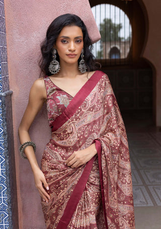 Maroon satin paisley sari and blouse