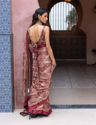 Maroon satin paisley sari and blouse