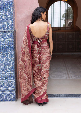 Maroon satin paisley sari and blouse