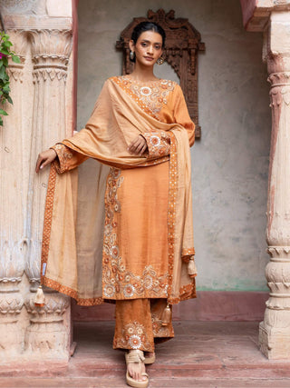 Rust maheshwari placement paisley kurta set