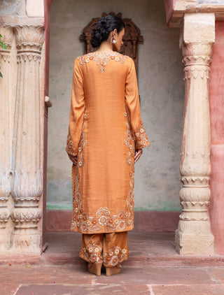 Rust maheshwari placement paisley kurta set