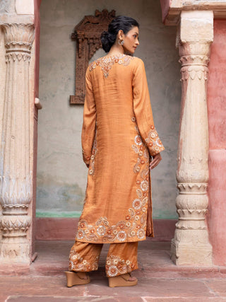 Rust maheshwari placement paisley kurta set
