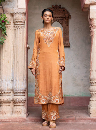 Rust maheshwari placement paisley kurta set