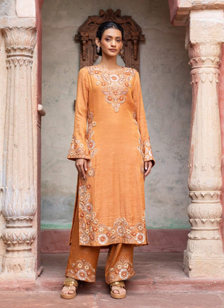 Rust maheshwari placement paisley kurta set
