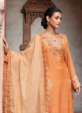 Rust maheshwari placement paisley kurta set