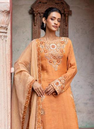 Rust maheshwari placement paisley kurta set