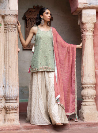 Green maheshwari paisley kurta and palazzo set