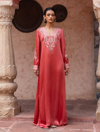 Watermelon red satin paisley kaftan