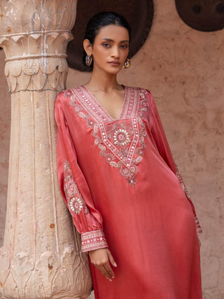 Watermelon red satin paisley kaftan