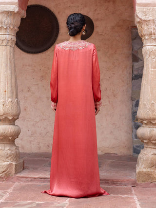 Watermelon red satin paisley kaftan
